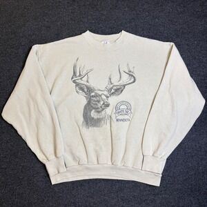Vintage 90s Sweatshirt Mens XL Beige White Tail Minnesota Deer Made in USA